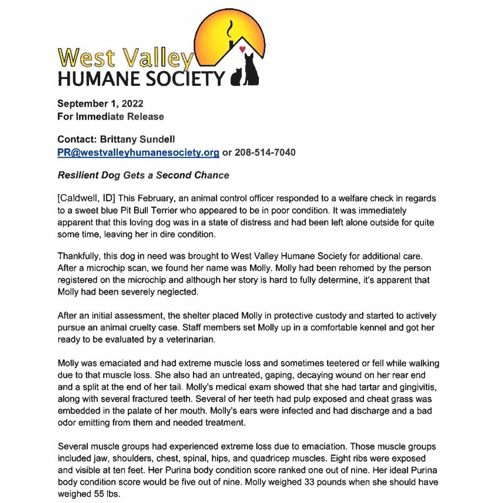 Page one of a press release from West Valley Humane Society on animal abuse case
