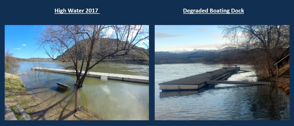Picture of boating dock during 2017 high water and picture of degraded boat dock