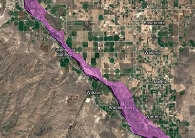 Google satellite map image of an area of the Snake River Canyon in Idaho. A purple polygon has been added over a section of the map, designating a specific area.