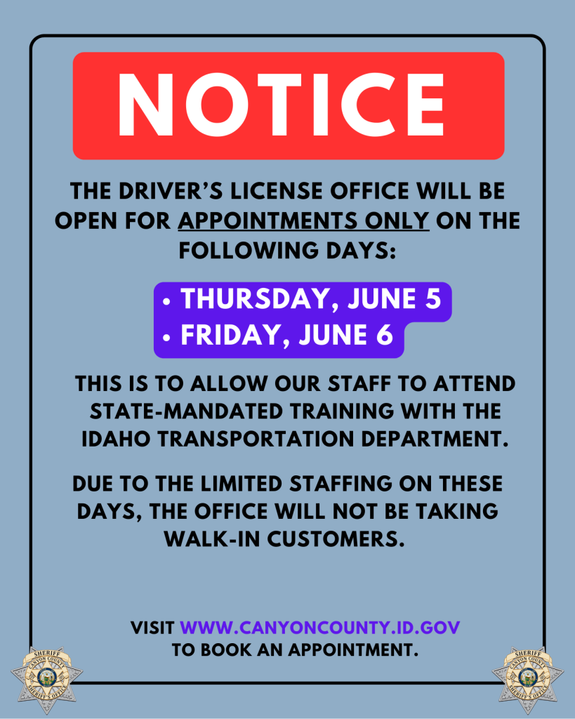 Graphic for driver's license office informing residents that it will be open for appointments only on June 5 and June 6.