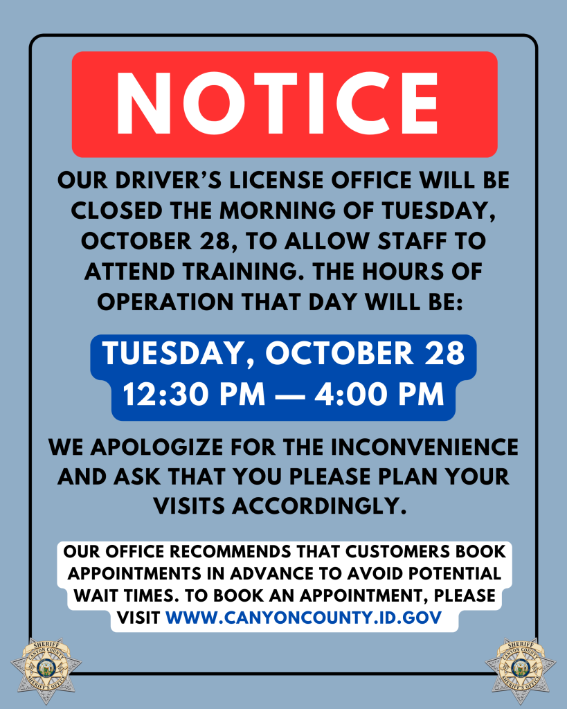 Graphic for DL office reduced hours on October 28