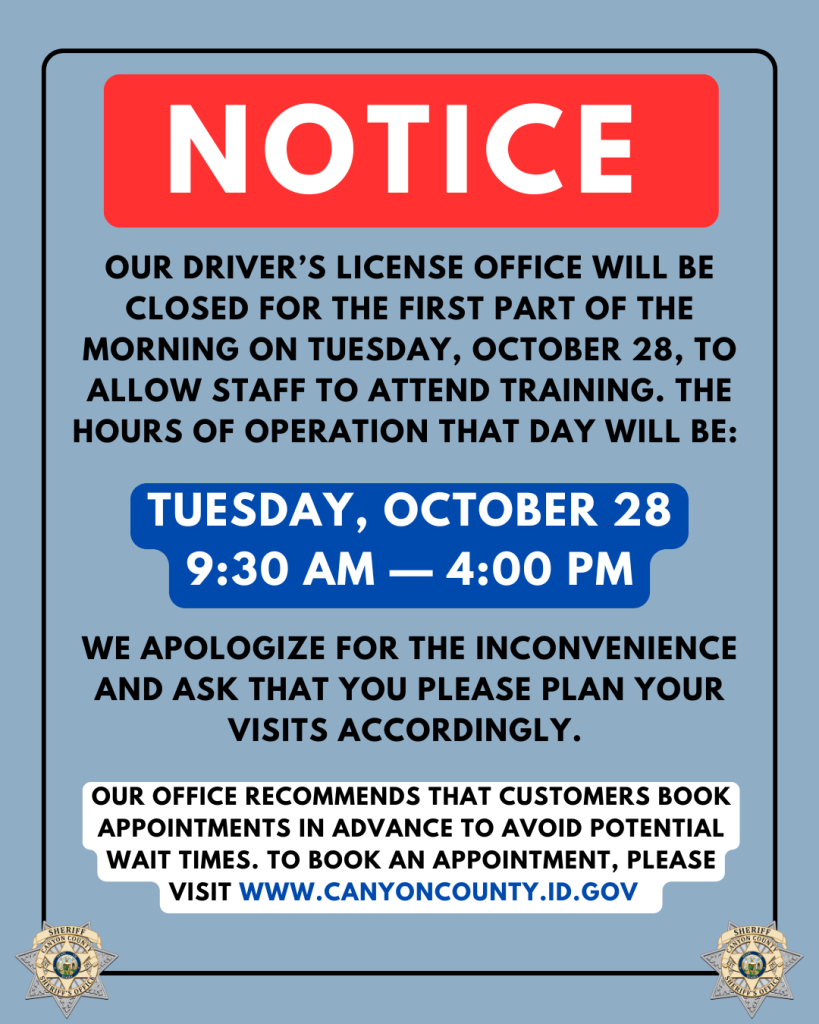 Graphic for DL office reduced hours on October 28