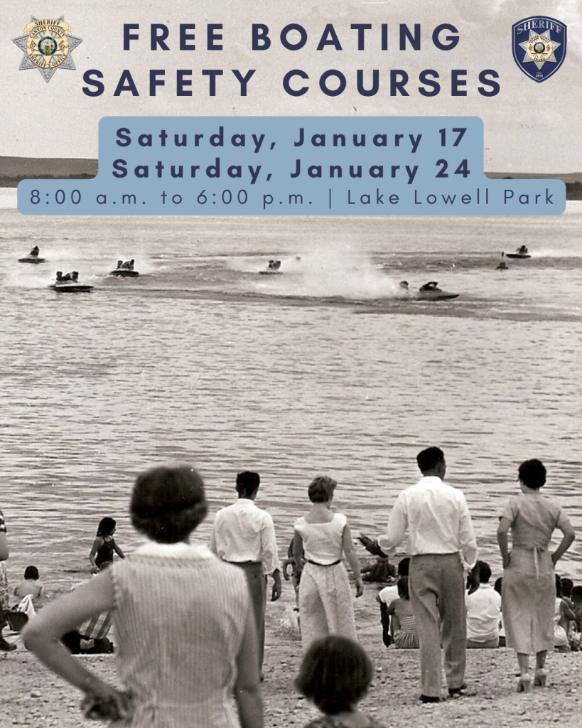 Graphic for free boating safety courses on January 17, and January 24, 2026.