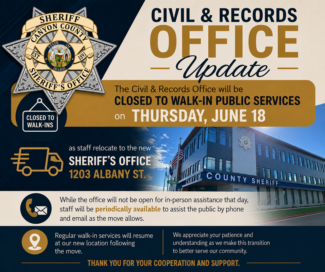social media graphic for the June 18, 2026, closure of the Sheriff's Office Civil & Records window to walk-in customers
